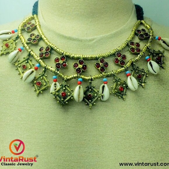 Tribal Golden Beaded Necklace, Vintage Choker Necklace With Dangling Golden - Picture 2 of 6